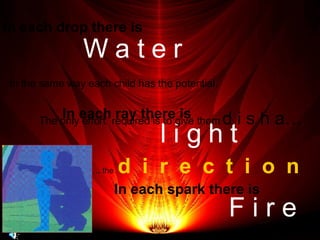 In each ray there is  l i g h t W a t e r In each spark there is  F i r e In each drop there is In the same way each child has the potential.  The only effort  required is to give them   d i s h a… … .. the   d  i  r  e  c  t  i  o  n 