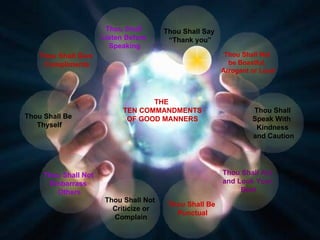 Thou Shall Not  Embarrass  Others Thou Shall Be  Thyself Thou Shall Give  Compliments Thou Shall  Listen Before  Speaking Thou Shall Say  “ Thank you” Thou Shall Not  be Boastful,  Arrogant or Loud Thou Shall  Speak With  Kindness  and Caution Thou Shall Act  and Look Your  Best Thou Shall Be  Punctual Thou Shall Not Criticize or Complain THE  TEN COMMANDMENTS OF GOOD MANNERS 