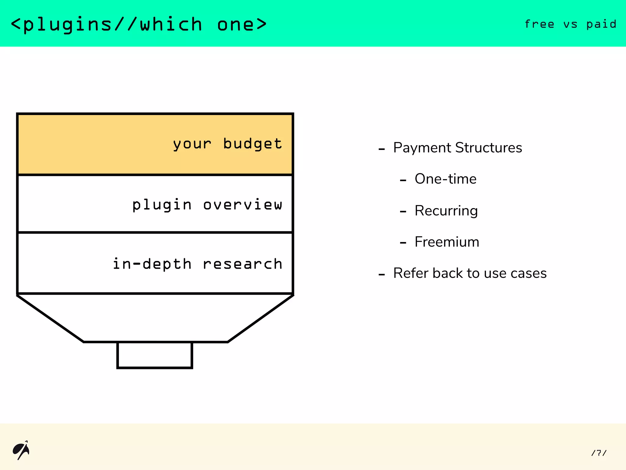 <plugins//which one> free vs paid
7/ /
- Payment Structures
- One-time
- Recurring
- Freemium
- Refer back to use cases