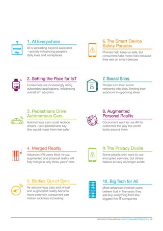 ERICSSON CONSUMERLAB 10 HOT CONSUMER TRENDS 2017  15
2. Setting the Pace for IoT
Consumers are increasingly using
automated applications, influencing
overall IoT adoption
3. Pedestrians Drive
Autonomous Cars
Autonomous cars could replace
drivers – and pedestrians say
this would make them feel safer
4. Merged Reality
Advanced VR users think virtual,
augmented and physical reality will
fully merge in only three years’ time
5. Bodies Out of Sync
As autonomous cars and virtual
and augmented reality become
more common, consumers see
motion sickness increasing
6. The Smart Device
Safety Paradox
Phones help keep us safe, but
consumers take more risks because
they rely on smart devices
8. Augmented
Personal Reality
Consumers want to use AR to
customize the way the world
looks around them
9. The Privacy Divide
Some people only want to use
encrypted services, but others
believe privacy no longer exists
1. AI Everywhere
AI is spreading beyond assistants
– actively influencing people’s
daily lives and workplaces
7. Social Silos
People turn their social
networks into silos, limiting their
exposure to opposing ideas
10. Big Tech for All
Most advanced internet users
believe that in five years they
will buy everything from the
biggest five IT companies
 