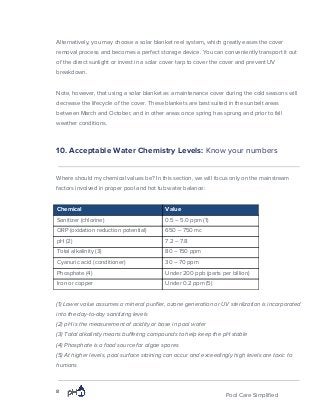 Alternatively, you may choose a solar blanket reel system​,​ which greatly eases the cover
removal process and becomes a perfect storage device. You can conveniently transport it out
of the direct sunlight or invest in a solar cover tarp to cover the cover and prevent UV
breakdown.
Note, however, that using a solar blanket as a maintenance cover during the cold seasons will
decrease the lifecycle of the cover. These blankets are best suited in the sunbelt areas
between March and October, and in other areas once spring has sprung and prior to fall
weather conditions.
10. Acceptable Water Chemistry Levels: ​Know your numbers
Where should my chemical values be? In this section, we will focus only on the mainstream
factors involved in proper pool and hot tub water balance:
Chemical Value
Sanitizer (chlorine) 0.5 – 5.0 ppm (1)
ORP (oxidation reduction potential) 650 – 750 mc
pH (2) 7.2 – 7.8
Total alkalinity (3) 80 – 150 ppm
Cyanuric acid (conditioner) 30 – 70 ppm
Phosphate (4) Under 200 ppb (parts per billion)
Iron or copper Under 0.2 ppm (5)
(1) Lower value assumes a mineral purifier, ozone generation or UV sterilization is incorporated
into the day-to-day sanitizing levels
(2) pH is the measurement of acidity or base in pool water
(3) Total alkalinity means buffering compounds to help keep the pH stable
(4) Phosphate is a food source for algae spores
(5) At higher levels, pool surface staining can occur and exceedingly high levels are toxic to
humans
8
Pool Care Simplified
 
