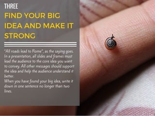 THREE
“All roads lead to Rome”, as the saying goes.
In a presentation, all slides and frames must
lead the audience to the core idea you want
to convey. All other messages should support
the idea and help the audience understand it
better.
When you have found your big idea, write it
down in one sentence no longer than two
lines.
 