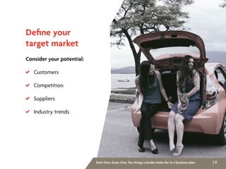 | 11Each One, Grow One: Ten things a lender looks for in a business plan
Define your
target market
Consider your potential:
 Customers
 Competition
 Suppliers
 Industry trends
 