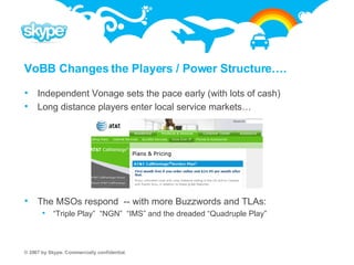VoBB Changes the Players / Power Structure…. Independent Vonage sets the pace early (with lots of cash) Long distance players enter local service markets… The MSOs respond  -- with more Buzzwords and TLAs:  “ Triple Play”  “NGN”  “IMS” and the dreaded “Quadruple Play” 