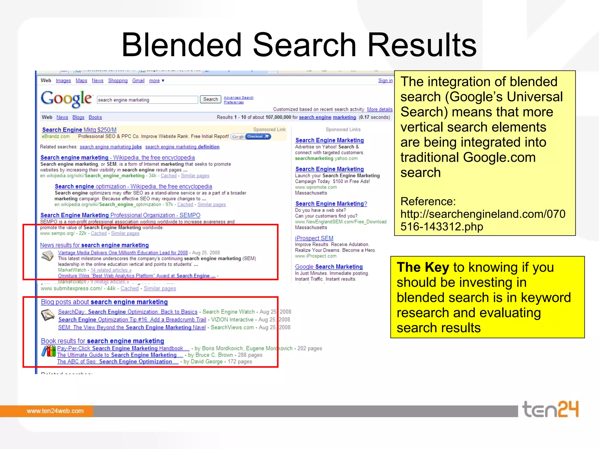 Blended Search Results The integration of blended search (Google’s Universal Search) means that more vertical search elements are being integrated into traditional Google.com search  Reference: http://searchengineland.com/070516-143312.php  The Key  to knowing if you should be investing in blended search is in keyword research and evaluating search results 