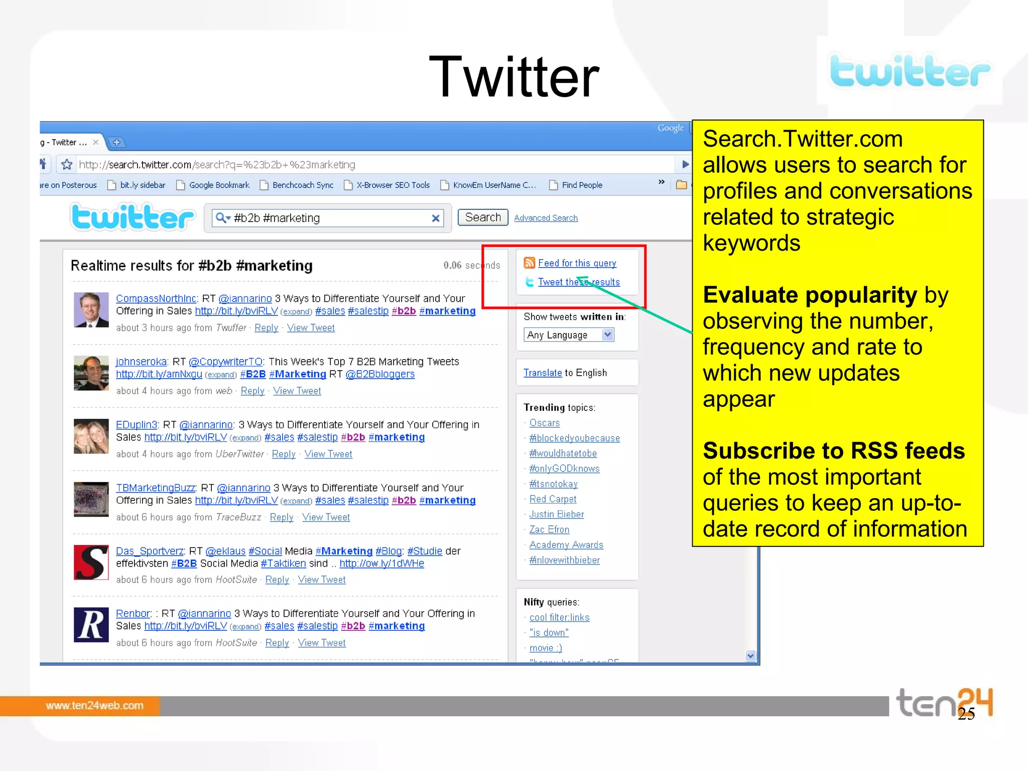 Twitter Search.Twitter.com allows users to search for profiles and conversations related to strategic keywords Evaluate popularity  by observing the number, frequency and rate to which new updates appear Subscribe to RSS feeds  of the most important queries to keep an up-to-date record of information 