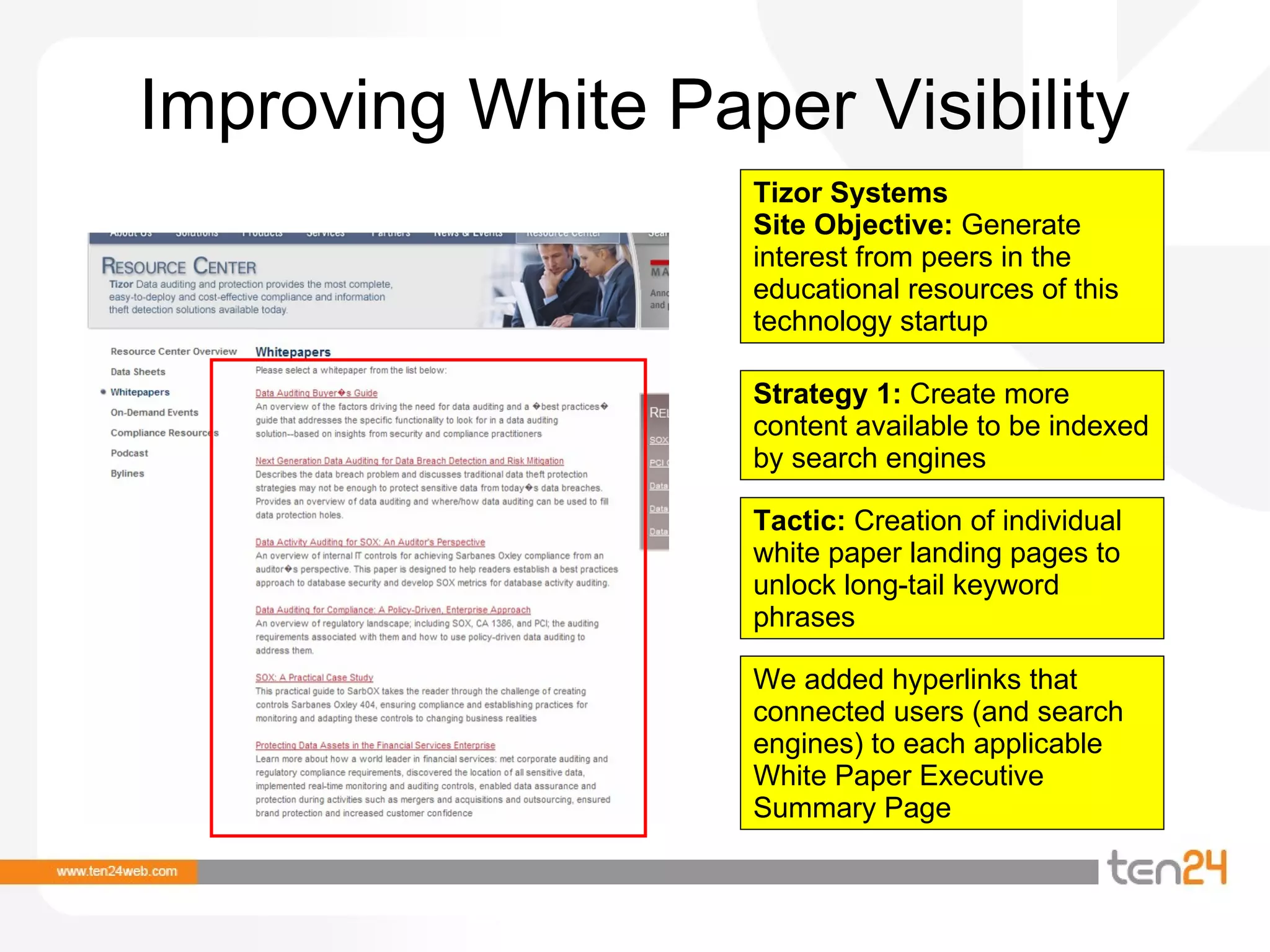 Improving White Paper Visibility Tizor Systems Site Objective:  Generate interest from peers in the educational resources of this technology startup Strategy 1:  Create more content available to be indexed by search engines Tactic:  Creation of individual white paper landing pages to unlock long-tail keyword phrases We added hyperlinks that connected users (and search engines) to each applicable White Paper Executive Summary Page 