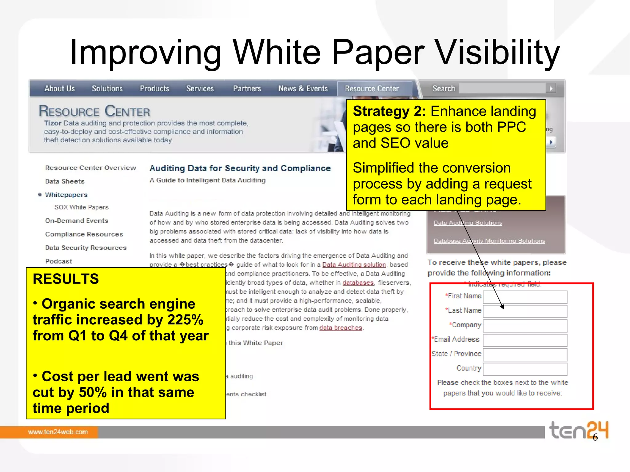 Improving White Paper Visibility Strategy 2:  Enhance landing pages so there is both PPC and SEO value Simplified the conversion process by adding a request form to each landing page. RESULTS Organic search engine traffic increased by 225% from Q1 to Q4 of that year Cost per lead went was cut by 50% in that same time period 