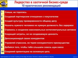 Лидерство в хаотичной бизнес-среде 10 практических рекомендаций Адаптировано на основе   "Leading on the Edge off Chaos , " Emmet C. Murphy and Mark A. Murphy cecsi.ru Сохраняй ориентацию на основную цель 10 Добейся того, чтобы тебя слышали сквозь шум хаоса 9 Управляй стрессом, не теряя конкурентного преимущества 8 Депозиционируй своих конкурентов 7 Сокращай затраты, но не создаваемую ценность 6 Стремись к созданию максимальных интеллектуальных активов 5 Назначь нужного человека на нужную должность без задержки 4 Создай культуру приверженности общему делу 3 Создавай партнерские отношения с покупателем 2 Спеши, не торопясь 1 