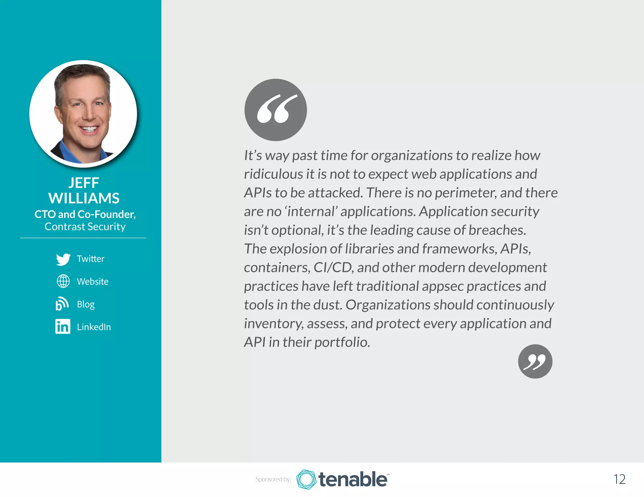 JEFF
WILLIAMS
CTO and Co-Founder,
Contrast Security
It’s way past time for organizations to realize how
ridiculous it is not to expect web applications and
APIs to be attacked. There is no perimeter, and there
are no ‘internal’ applications. Application security
isn’t optional, it’s the leading cause of breaches.
The explosion of libraries and frameworks, APIs,
containers, CI/CD, and other modern development
practices have left traditional appsec practices and
tools in the dust. Organizations should continuously
inventory, assess, and protect every application and
API in their portfolio.
12
Twitter
Website
Blog
LinkedIn
b
Sponsored by:
 
