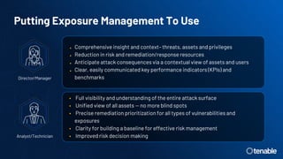 Putting Exposure Management To Use
● Comprehensive insight and context– threats, assets and privileges
● Reduction in risk and remediation/response resources
● Anticipate attack consequences via a contextual view of assets and users
● Clear, easily communicated key performance indicators (KPIs) and
benchmarks
Director/Manager
• Full visibility and understanding of the entire attack surface
• Unified view of all assets — no more blind spots
• Precise remediation prioritization for all types of vulnerabilities and
exposures
• Clarity for building a baseline for effective risk management
• Improved risk decision making
Analyst/Technician
 