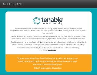 MEET TENABLE
Tenable Network Security transforms security technology for the business needs of tomorrow through
comprehensive solutions that provide continuous visibility and critical context, enabling decisive actions to protect
your organization.
Tenable eliminates blind spots, prioritizes threats, and reduces exposure and loss. With more than one million users
and more than 20,000 enterprise customers worldwide, organizations trust Tenable for proven security innovation.
Tenable’s customers range from Fortune Global 500 companies, to the Department of Defense, to mid-sized and
small businesses in all sectors, including finance, government, healthcare, higher education, retail and energy.
Transform security with Tenable, the creators of Nessus and leaders in continuous monitoring,
by visiting tenable.com.
To learn more about how Tenable Network Security can help you use
metrics and report cards to demonstrate security assurance in ways
executives can understand, go to
http://tenable.com/driveaction
 