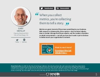 Gary
Hayslip
About the Author: As CISO for the City of San Diego, California, Gary Hayslip advises the city’s executive leadership, departments,
and agencies on protecting city information and network resources. Gary oversees citywide cybersecurity strategy, the enterprise
cybersecurity program, and compliance and risk assessment services. His mission includes creating a risk-aware culture that places high
value on securing city information resources and protecting personal information entrusted to the City of San Diego.
Deputy Director/CISO
City of San Diego, CA
Twitter I Website
5
Whenyoucollect
metrics,you’recollecting
themtotellastory.
Metrics are great, but only if they mean something to your business.
With respect to cybersecurity, three metrics—time to detect attacks,
time to contain damage from those attacks, and the number of systems
an attack compromises—can tell you how much work is yet to be done
to better secure your organization’s network.
Tweet this Quote Share on LinkedIn
Sponsored by:
Want to read more?
Download the full
eBook Free >
 