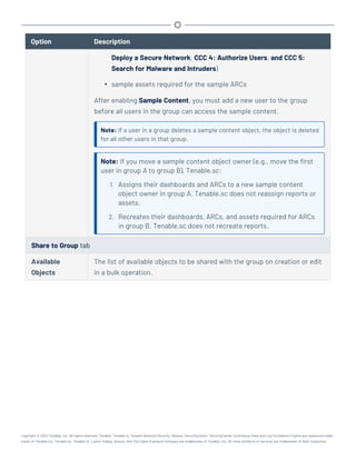 Option Description
Deploy a Secure Network, CCC 4: Authorize Users, and CCC 5:
Search for Malware and Intruders)
l sample assets required for the sample ARCs
After enabling Sample Content, you must add a new user to the group
before all users in the group can access the sample content.
Note: If a user in a group deletes a sample content object, the object is deleted
for all other users in that group.
Note: If you move a sample content object owner (e.g., move the first
user in group A to group B), Tenable.sc:
1. Assigns their dashboards and ARCs to a new sample content
object owner in group A. Tenable.sc does not reassign reports or
assets.
2. Recreates their dashboards, ARCs, and assets required for ARCs
in group B. Tenable.sc does not recreate reports.
Share to Group tab
Available
Objects
The list of available objects to be shared with the group on creation or edit
in a bulk operation.
Copyright © 2022 Tenable, Inc. All rights reserved. Tenable, Tenable.io, Tenable Network Security, Nessus, SecurityCenter, SecurityCenter Continuous View and Log Correlation Engine are registered trade-
marks of Tenable,Inc. Tenable.sc, Tenable.ot, Lumin, Indegy, Assure, and The Cyber Exposure Company are trademarks of Tenable, Inc. All other products or services are trademarks of their respective
 