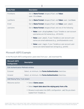 Okta Field Description
FirstName Set to Name Format: Unspecified and Value:
user.firstName.
LastName Set to Name Format: Unspecified and Value: user.lastName.
Email Set to Name Format: Unspecified and Value: user.email.
username Set to Name Format: Unspecified and one of the following:
l Value: user.displayName, if your Tenable.sc user account
usernames are full names (e.g., Jill Smith).
l Value: user.email, if your Tenable.sc user account user-
names are email addresses (e.g., jsmith@website.com).
l Value: user.login, if your Tenable.sc user account user-
names are name-based text strings (e.g., jsmith).
Microsoft ADFS Example
In the Microsoft ADFS configuration, paste data from your .xml download file.
Microsoft ADFS
Configuration
Description
Edit Authentication Methods window
Extranet Select, at minimum, the Forms Authentication check box.
Intranet Select, at minimum, the Forms Authentication check box.
Add Relying Party Trust wizard
Welcome section l Select Claims aware.
l Select Import data about the relying party from a file.
l Browse to and select the SAML configuration .xml file you down-
loaded from Tenable.sc.
Copyright © 2022 Tenable, Inc. All rights reserved. Tenable, Tenable.io, Tenable Network Security, Nessus, SecurityCenter, SecurityCenter Continuous View and Log Correlation Engine are registered trade-
marks of Tenable,Inc. Tenable.sc, Tenable.ot, Lumin, Indegy, Assure, and The Cyber Exposure Company are trademarks of Tenable, Inc. All other products or services are trademarks of their respective
 