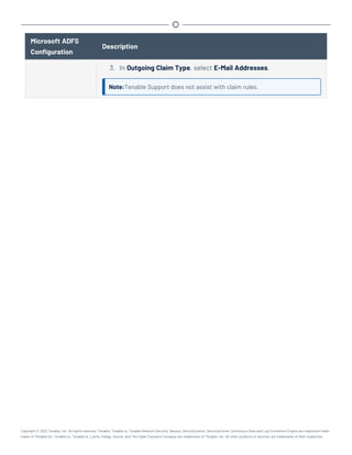 Microsoft ADFS
Configuration
Description
3. In Outgoing Claim Type, select E-Mail Addresses.
Note:Tenable Support does not assist with claim rules.
Copyright © 2022 Tenable, Inc. All rights reserved. Tenable, Tenable.io, Tenable Network Security, Nessus, SecurityCenter, SecurityCenter Continuous View and Log Correlation Engine are registered trade-
marks of Tenable,Inc. Tenable.sc, Tenable.ot, Lumin, Indegy, Assure, and The Cyber Exposure Company are trademarks of Tenable, Inc. All other products or services are trademarks of their respective
 