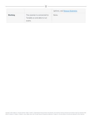 options, see Nessus Scanners.
Working The scanner is connected to
Tenable.sc and able to run
scans.
None.
Copyright © 2022 Tenable, Inc. All rights reserved. Tenable, Tenable.io, Tenable Network Security, Nessus, SecurityCenter, SecurityCenter Continuous View and Log Correlation Engine are registered trade-
marks of Tenable,Inc. Tenable.sc, Tenable.ot, Lumin, Indegy, Assure, and The Cyber Exposure Company are trademarks of Tenable, Inc. All other products or services are trademarks of their respective
 
