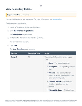 View Repository Details
Required User Role: Administrator
You can view details for any repository. For more information, see Repositories.
To view repository details:
1. Log in to Tenable.sc via the user interface.
2. Click Repositories > Repositories.
The Repositories page appears.
3. In the row for the repository, click the menu.
The actions menu appears.
4. Click View.
The View Repository page appears.
Section Repository Type Action
General All View general information for the repos-
itory.
l Name — The repository name.
l Description — The repository descrip-
tion.
l IP Count — The total number of
assets for which the repository con-
tains vulnerability data.
l Last Vuln Update — The date and
time the repository was last
updated.
l Vulnerability Count — The total num-
Copyright © 2022 Tenable, Inc. All rights reserved. Tenable, Tenable.io, Tenable Network Security, Nessus, SecurityCenter, SecurityCenter Continuous View and Log Correlation Engine are registered trade-
marks of Tenable,Inc. Tenable.sc, Tenable.ot, Lumin, Indegy, Assure, and The Cyber Exposure Company are trademarks of Tenable, Inc. All other products or services are trademarks of their respective
 