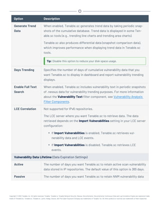 Option Description
Generate Trend
Data
When enabled, Tenable.sc generates trend data by taking periodic snap-
shots of the cumulative database. Trend data is displayed in some Ten-
able.sc tools (e.g., trending line charts and trending area charts).
Tenable.sc also produces differential data (snapshot comparison data),
which improves performance when displaying trend data in Tenable.sc
tools.
Tip: Disable this option to reduce your disk space usage.
Days Trending Specifies the number of days of cumulative vulnerability data that you
want Tenable.sc to display in dashboard and report vulnerability trending
displays.
Enable Full Text
Search
When enabled, Tenable.sc includes vulnerability text in periodic snapshots
of .nessus data for vulnerability trending purposes. For more information
about the Vulnerability Text filter component, see Vulnerability Analysis
Filter Components.
LCE Correlation Not supported for IPv6 repositories.
The LCE server where you want Tenable.sc to retrieve data. The data
retrieved depends on the Import Vulnerabilities setting in your LCE server
configuration:
l If Import Vulnerabilities is enabled, Tenable.sc retrieves vul-
nerability data and LCE events.
l If Import Vulnerabilities is disabled, Tenable.sc retrieves LCE
events.
Vulnerability Data Lifetime (Data Expiration Settings)
Active The number of days you want Tenable.sc to retain active scan vulnerability
data stored in IP repositories. The default value of this option is 365 days.
Passive The number of days you want Tenable.sc to retain NNM vulnerability data
Copyright © 2022 Tenable, Inc. All rights reserved. Tenable, Tenable.io, Tenable Network Security, Nessus, SecurityCenter, SecurityCenter Continuous View and Log Correlation Engine are registered trade-
marks of Tenable,Inc. Tenable.sc, Tenable.ot, Lumin, Indegy, Assure, and The Cyber Exposure Company are trademarks of Tenable, Inc. All other products or services are trademarks of their respective
 