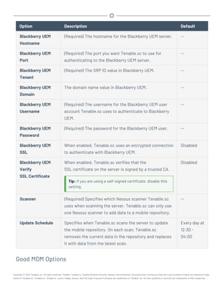 Option Description Default
Blackberry UEM
Hostname
(Required) The hostname for the Blackberry UEM server. --
Blackberry UEM
Port
(Required) The port you want Tenable.sc to use for
authenticating to the Blackberry UEM server.
--
Blackberry UEM
Tenant
(Required) The SRP ID value in Blackberry UEM. --
Blackberry UEM
Domain
The domain name value in Blackberry UEM. --
Blackberry UEM
Username
(Required) The username for the Blackberry UEM user
account Tenable.sc uses to authenticate to Blackberry
UEM.
--
Blackberry UEM
Password
(Required) The password for the Blackberry UEM user. --
Blackberry UEM
SSL
When enabled, Tenable.sc uses an encrypted connection
to authenticate with Blackberry UEM.
Disabled
Blackberry UEM
Verify
SSL Certificate
When enabled, Tenable.sc verifies that the
SSL certificate on the server is signed by a trusted CA.
Tip: If you are using a self-signed certificate, disable this
setting.
Disabled
Scanner (Required) Specifies which Nessus scanner Tenable.sc
uses when scanning the server. Tenable.sc can only use
one Nessus scanner to add data to a mobile repository.
--
Update Schedule Specifies when Tenable.sc scans the server to update
the mobile repository. On each scan, Tenable.sc
removes the current data in the repository and replaces
it with data from the latest scan.
Every day at
12:30 -
04:00
Good MDM Options
Copyright © 2022 Tenable, Inc. All rights reserved. Tenable, Tenable.io, Tenable Network Security, Nessus, SecurityCenter, SecurityCenter Continuous View and Log Correlation Engine are registered trade-
marks of Tenable,Inc. Tenable.sc, Tenable.ot, Lumin, Indegy, Assure, and The Cyber Exposure Company are trademarks of Tenable, Inc. All other products or services are trademarks of their respective
 