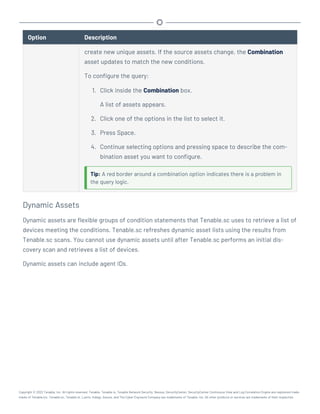 Option Description
create new unique assets. If the source assets change, the Combination
asset updates to match the new conditions.
To configure the query:
1. Click inside the Combination box.
A list of assets appears.
2. Click one of the options in the list to select it.
3. Press Space.
4. Continue selecting options and pressing space to describe the com-
bination asset you want to configure.
Tip: A red border around a combination option indicates there is a problem in
the query logic.
Dynamic Assets
Dynamic assets are flexible groups of condition statements that Tenable.sc uses to retrieve a list of
devices meeting the conditions. Tenable.sc refreshes dynamic asset lists using the results from
Tenable.sc scans. You cannot use dynamic assets until after Tenable.sc performs an initial dis-
covery scan and retrieves a list of devices.
Dynamic assets can include agent IDs.
Copyright © 2022 Tenable, Inc. All rights reserved. Tenable, Tenable.io, Tenable Network Security, Nessus, SecurityCenter, SecurityCenter Continuous View and Log Correlation Engine are registered trade-
marks of Tenable,Inc. Tenable.sc, Tenable.ot, Lumin, Indegy, Assure, and The Cyber Exposure Company are trademarks of Tenable, Inc. All other products or services are trademarks of their respective
 