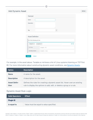 For example, in the asset above, Tenable.sc retrieves a list of Linux systems listening on TCP Port
80. For more information about constructing dynamic asset conditions, see Dynamic Assets.
Option Description
Name A name for the asset.
Description A description for the asset.
Asset Defin-
ition
Defines the rules for creating a dynamic asset list. Hover over an existing
rule to display the options to add, edit, or delete a group or a rule.
Dynamic Asset Rule Logic
Valid Operators Effect
Plugin ID
is equal to Value must be equal to value specified.
Copyright © 2022 Tenable, Inc. All rights reserved. Tenable, Tenable.io, Tenable Network Security, Nessus, SecurityCenter, SecurityCenter Continuous View and Log Correlation Engine are registered trade-
marks of Tenable,Inc. Tenable.sc, Tenable.ot, Lumin, Indegy, Assure, and The Cyber Exposure Company are trademarks of Tenable, Inc. All other products or services are trademarks of their respective
 