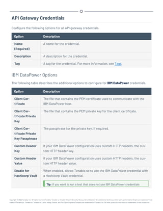 API Gateway Credentials
Configure the following options for all API gateway credentials.
Option Description
Name
(Required)
A name for the credential.
Description A description for the credential.
Tag A tag for the credential. For more information, see Tags.
IBM DataPower Options
The following table describes the additional options to configure for IBM DataPower credentials.
Option Description
Client Cer-
tificate
The file that contains the PEM certificate used to communicate with the
IBM DataPower host.
Client Cer-
tificate Private
Key
The file that contains the PEM private key for the client certificate.
Client Cer-
tificate Private
Key Passphrase
The passphrase for the private key, if required.
Custom Header
Key
If your IBM DataPower configuration uses custom HTTP headers, the cus-
tom HTTP header key.
Custom Header
Value
If your IBM DataPower configuration uses custom HTTP headers, the cus-
tom HTTP header value.
Enable for
Hashicorp Vault
When enabled, allows Tenable.sc to use the IBM DataPower credential with
a Hashicorp Vault credential.
Tip: If you want to run a test that does not use IBM DataPower credentials
Copyright © 2022 Tenable, Inc. All rights reserved. Tenable, Tenable.io, Tenable Network Security, Nessus, SecurityCenter, SecurityCenter Continuous View and Log Correlation Engine are registered trade-
marks of Tenable,Inc. Tenable.sc, Tenable.ot, Lumin, Indegy, Assure, and The Cyber Exposure Company are trademarks of Tenable, Inc. All other products or services are trademarks of their respective
 