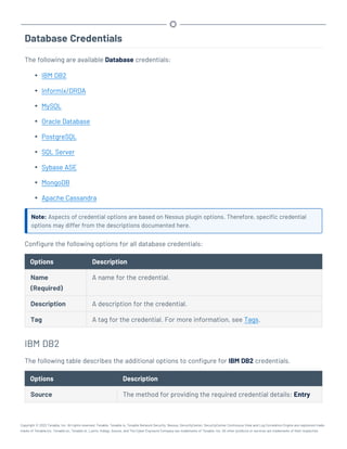 Database Credentials
The following are available Database credentials:
l IBM DB2
l Informix/DRDA
l MySQL
l Oracle Database
l PostgreSQL
l SQL Server
l Sybase ASE
l MongoDB
l Apache Cassandra
Note: Aspects of credential options are based on Nessus plugin options. Therefore, specific credential
options may differ from the descriptions documented here.
Configure the following options for all database credentials:
Options Description
Name
(Required)
A name for the credential.
Description A description for the credential.
Tag A tag for the credential. For more information, see Tags.
IBM DB2
The following table describes the additional options to configure for IBM DB2 credentials.
Options Description
Source The method for providing the required credential details: Entry
Copyright © 2022 Tenable, Inc. All rights reserved. Tenable, Tenable.io, Tenable Network Security, Nessus, SecurityCenter, SecurityCenter Continuous View and Log Correlation Engine are registered trade-
marks of Tenable,Inc. Tenable.sc, Tenable.ot, Lumin, Indegy, Assure, and The Cyber Exposure Company are trademarks of Tenable, Inc. All other products or services are trademarks of their respective
 
