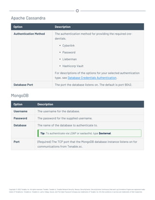 Apache Cassandra
Option Description
Authentication Method The authentication method for providing the required cre-
dentials.
l CyberArk
l Password
l Lieberman
l Hashicorp Vault
For descriptions of the options for your selected authentication
type, see Database Credentials Authentication.
Database Port The port the database listens on. The default is port 9042.
MongoDB
Option Description
Username The username for the database.
Password The password for the supplied username.
Database The name of the database to authenticate to.
Tip: To authenticate via LDAP or saslauthd, type $external.
Port (Required) The TCP port that the MongoDB database instance listens on for
communications from Tenable.sc.
Copyright © 2022 Tenable, Inc. All rights reserved. Tenable, Tenable.io, Tenable Network Security, Nessus, SecurityCenter, SecurityCenter Continuous View and Log Correlation Engine are registered trade-
marks of Tenable,Inc. Tenable.sc, Tenable.ot, Lumin, Indegy, Assure, and The Cyber Exposure Company are trademarks of Tenable, Inc. All other products or services are trademarks of their respective
 