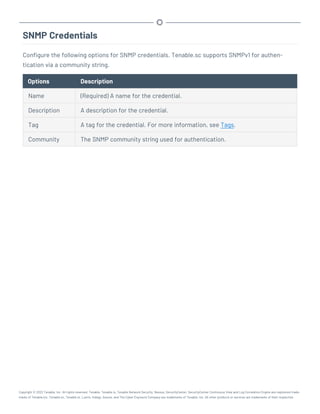 SNMP Credentials
Configure the following options for SNMP credentials. Tenable.sc supports SNMPv1 for authen-
tication via a community string.
Options Description
Name (Required) A name for the credential.
Description A description for the credential.
Tag A tag for the credential. For more information, see Tags.
Community The SNMP community string used for authentication.
Copyright © 2022 Tenable, Inc. All rights reserved. Tenable, Tenable.io, Tenable Network Security, Nessus, SecurityCenter, SecurityCenter Continuous View and Log Correlation Engine are registered trade-
marks of Tenable,Inc. Tenable.sc, Tenable.ot, Lumin, Indegy, Assure, and The Cyber Exposure Company are trademarks of Tenable, Inc. All other products or services are trademarks of their respective
 