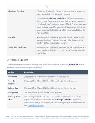 Checkout Duration (Required) The length of time, in minutes, that you want to
keep credentials checked out in Centrify.
Configure the Checkout Duration to exceed the typical dur-
ation of your Tenable.sc scans so that password changes do
not disrupt your Tenable.sc scans. If Centrify changes a pass-
word during a scan, the scan fails. If a password from a pre-
vious scan is still checked out when a new scan begins, the
new scan fails.
Use SSL When enabled, Tenable.sc uses SSL through IIS for secure
communications. You must configure SSL through IIS in
Centrify before enabling this option.
Verify SSL Certificate When enabled, Tenable.sc validates the SSL certificate. You
must configure SSL through IIS in Centrify before enabling
this option.
Certificate Options
The following table describes the additional options to configure when using Certificate as the
authentication method for SSH credentials.
Option Description
Username (Required) The username for a user on the host system.
User Cer-
tificate
(Required) The RSA or DSA OpenSSH certificate file for the user.
Private Key (Required) The RSA or DSA OpenSSH private key file for the user.
Passphrase The passphrase for the private key, if required.
Privilege Escal-
ation
The privilege escalation method you want to use to increase users' priv-
ileges after initial authentication. Your Privilege Escalation selection
determines the specific options you must configure. For more information,
see Privilege Escalation.
Copyright © 2022 Tenable, Inc. All rights reserved. Tenable, Tenable.io, Tenable Network Security, Nessus, SecurityCenter, SecurityCenter Continuous View and Log Correlation Engine are registered trade-
marks of Tenable,Inc. Tenable.sc, Tenable.ot, Lumin, Indegy, Assure, and The Cyber Exposure Company are trademarks of Tenable, Inc. All other products or services are trademarks of their respective
 