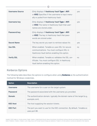 Username Source (Only displays if Hashicorp Vault Type is KV1
or KV2) Specifies if the username is input manu-
ally or pulled from Hashicorp Vault.
yes
Username key (Only displays if Hashicorp Vault Type is KV1
or KV2) The name in Hashicorp Vault that user-
names are stored under.
yes
Password key (Only displays if Hashicorp Vault Type is KV1
or KV2) The key in Hashicorp Vault that pass-
words are stored under.
yes
Secret Name The key secret you want to retrieve values for. yes
Use SSL When enabled, Tenable.sc uses SSL for secure
communications. You must configure SSL in
Hashicorp Vault before enabling this option.
no
Verify SSL When enabled, Tenable.sc validates the SSL cer-
tificate. You must configure SSL in Hashicorp
Vault before enabling this option.
no
Kerberos Options
The following table describes the options to configure when using Kerberos as the authentication
method for Windows credentials.
Option Description
Username The username for a user on the target system.
Password The password associated with the username you provided.
Domain The authentication domain, typically the domain name of the target (e.g.,
example.com).
KDC Host The host supplying the session tickets.
KDC Port The port you want to use for the KDC connection. By default, Tenable.sc
uses port 88.
Copyright © 2022 Tenable, Inc. All rights reserved. Tenable, Tenable.io, Tenable Network Security, Nessus, SecurityCenter, SecurityCenter Continuous View and Log Correlation Engine are registered trade-
marks of Tenable,Inc. Tenable.sc, Tenable.ot, Lumin, Indegy, Assure, and The Cyber Exposure Company are trademarks of Tenable, Inc. All other products or services are trademarks of their respective
 