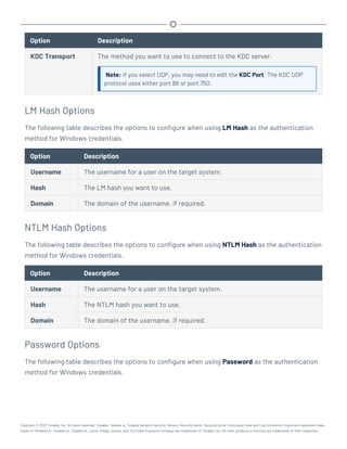 Option Description
KDC Transport The method you want to use to connect to the KDC server.
Note: If you select UDP, you may need to edit the KDC Port. The KDC UDP
protocol uses either port 88 or port 750.
LM Hash Options
The following table describes the options to configure when using LM Hash as the authentication
method for Windows credentials.
Option Description
Username The username for a user on the target system.
Hash The LM hash you want to use.
Domain The domain of the username, if required.
NTLM Hash Options
The following table describes the options to configure when using NTLM Hash as the authentication
method for Windows credentials.
Option Description
Username The username for a user on the target system.
Hash The NTLM hash you want to use.
Domain The domain of the username, if required.
Password Options
The following table describes the options to configure when using Password as the authentication
method for Windows credentials.
Copyright © 2022 Tenable, Inc. All rights reserved. Tenable, Tenable.io, Tenable Network Security, Nessus, SecurityCenter, SecurityCenter Continuous View and Log Correlation Engine are registered trade-
marks of Tenable,Inc. Tenable.sc, Tenable.ot, Lumin, Indegy, Assure, and The Cyber Exposure Company are trademarks of Tenable, Inc. All other products or services are trademarks of their respective
 
