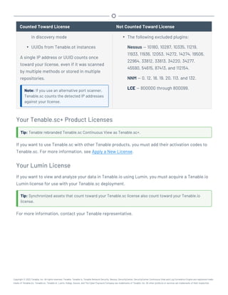 Counted Toward License Not Counted Toward License
in discovery mode
l UUIDs from Tenable.ot instances
A single IP address or UUID counts once
toward your license, even if it was scanned
by multiple methods or stored in multiple
repositories.
Note: If you use an alternative port scanner,
Tenable.sc counts the detected IP addresses
against your license.
l The following excluded plugins:
Nessus — 10180, 10287, 10335, 11219,
11933, 11936, 12053, 14272, 14274, 19506,
22964, 33812, 33813, 34220, 34277,
45590, 54615, 87413, and 112154.
NNM — 0, 12, 18, 19, 20, 113, and 132.
LCE — 800000 through 800099.
Your Tenable.sc+ Product Licenses
Tip: Tenable rebranded Tenable.sc Continuous View as Tenable.sc+.
If you want to use Tenable.sc with other Tenable products, you must add their activation codes to
Tenable.sc. For more information, see Apply a New License.
Your Lumin License
If you want to view and analyze your data in Tenable.io using Lumin, you must acquire a Tenable.io
Lumin license for use with your Tenable.sc deployment.
Tip: Synchronized assets that count toward your Tenable.sc license also count toward your Tenable.io
license.
For more information, contact your Tenable representative.
Copyright © 2022 Tenable, Inc. All rights reserved. Tenable, Tenable.io, Tenable Network Security, Nessus, SecurityCenter, SecurityCenter Continuous View and Log Correlation Engine are registered trade-
marks of Tenable,Inc. Tenable.sc, Tenable.ot, Lumin, Indegy, Assure, and The Cyber Exposure Company are trademarks of Tenable, Inc. All other products or services are trademarks of their respective
 