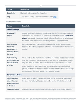 Option Description
Description (Optional) A description for the policy.
Tag A tag for the policy. For more information, see Tags.
Advanced Options
Option Description
General Settings
Enable safe
checks
Nessus attempts to identify remote vulnerabilities by interpreting banner
information and attempting to exercise a vulnerability. When Enable safe
checks is enabled, the second step is skipped. This is not as reliable as a
full probe, but is less likely to negatively impact a targeted system.
Stop scanning
hosts that
become unre-
sponsive during
the scan
During a scan, hosts may become unresponsive after a period of time.
Enabling this setting stops scan attempts against hosts that stop sending
results.
Automatically
accept detected
SSH disclaimer
prompts
When enabled, if a credentialed scan tries to connect via SSH to a FortiOS
host that presents a disclaimer prompt, the scanner provides the neces-
sary text input to accept the disclaimer prompt and continue the scan.
When disabled, credentialed scans on hosts that present a disclaimer
prompt fail because the scanner cannot connect to the device and accept
the disclaimer. The error appears in the plugin output.
Performance Options
Slow down the
scan when net-
work congestion
is detected
When Nessus detects congestion during a scan, it will slow the speed of
the scan in an attempt to ease the burden on the affected segment(s).
Use Linux kernel Use Linux kernel congestion detection during the scan to help alleviate
Copyright © 2022 Tenable, Inc. All rights reserved. Tenable, Tenable.io, Tenable Network Security, Nessus, SecurityCenter, SecurityCenter Continuous View and Log Correlation Engine are registered trade-
marks of Tenable,Inc. Tenable.sc, Tenable.ot, Lumin, Indegy, Assure, and The Cyber Exposure Company are trademarks of Tenable, Inc. All other products or services are trademarks of their respective
 