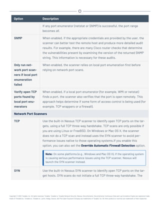Option Description
If any port enumerator (netstat or SNMP) is successful, the port range
becomes all.
SNMP When enabled, if the appropriate credentials are provided by the user, the
scanner can better test the remote host and produce more detailed audit
results. For example, there are many Cisco router checks that determine
the vulnerabilities present by examining the version of the returned SNMP
string. This information is necessary for these audits.
Only run net-
work port scan-
ners if local port
enumeration
failed
When enabled, the scanner relies on local port enumeration first before
relying on network port scans.
Verify open TCP
ports found by
local port enu-
merators
When enabled, if a local port enumerator (for example, WMI or netstat)
finds a port, the scanner also verifies that the port is open remotely. This
approach helps determine if some form of access control is being used (for
example, TCP wrappers or a firewall).
Network Port Scanners
TCP Use the built-in Nessus TCP scanner to identify open TCP ports on the tar-
gets, using a full TCP three-way handshake. TCP scans are only possible if
you are using Linux or FreeBSD. On Windows or Mac OS X, the scanner
does not do a TCP scan and instead uses the SYN scanner to avoid per-
formance issues native to those operating systems.If you enable this
option, you can also set the Override Automatic Firewall Detection option.
Note: On some platforms (e.g., Windows and Mac OS X), if the operating system
is causing serious performance issues using the TCP scanner, Nessus will
launch the SYN scanner instead.
SYN Use the built-in Nessus SYN scanner to identify open TCP ports on the tar-
get hosts. SYN scans do not initiate a full TCP three-way handshake. The
Copyright © 2022 Tenable, Inc. All rights reserved. Tenable, Tenable.io, Tenable Network Security, Nessus, SecurityCenter, SecurityCenter Continuous View and Log Correlation Engine are registered trade-
marks of Tenable,Inc. Tenable.sc, Tenable.ot, Lumin, Indegy, Assure, and The Cyber Exposure Company are trademarks of Tenable, Inc. All other products or services are trademarks of their respective
 