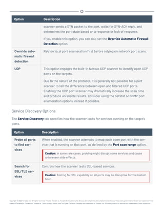 Option Description
scanner sends a SYN packet to the port, waits for SYN-ACK reply, and
determines the port state based on a response or lack of response.
If you enable this option, you can also set the Override Automatic Firewall
Detection option.
Override auto-
matic firewall
detection
Rely on local port enumeration first before relying on network port scans.
UDP This option engages the built-in Nessus UDP scanner to identify open UDP
ports on the targets.
Due to the nature of the protocol, it is generally not possible for a port
scanner to tell the difference between open and filtered UDP ports.
Enabling the UDP port scanner may dramatically increase the scan time
and produce unreliable results. Consider using the netstat or SNMP port
enumeration options instead if possible.
Service Discovery Options
The Service Discovery tab specifies how the scanner looks for services running on the target’s
ports.
Option Description
Probe all ports
to find ser-
vices
When enabled, the scanner attempts to map each open port with the ser-
vice that is running on that port, as defined by the Port scan range option.
Caution: In some rare cases, probing might disrupt some services and cause
unforeseen side effects.
Search for
SSL/TLS ser-
vices
Controls how the scanner tests SSL-based services.
Caution: Testing for SSL capability on all ports may be disruptive for the tested
host.
Copyright © 2022 Tenable, Inc. All rights reserved. Tenable, Tenable.io, Tenable Network Security, Nessus, SecurityCenter, SecurityCenter Continuous View and Log Correlation Engine are registered trade-
marks of Tenable,Inc. Tenable.sc, Tenable.ot, Lumin, Indegy, Assure, and The Cyber Exposure Company are trademarks of Tenable, Inc. All other products or services are trademarks of their respective
 