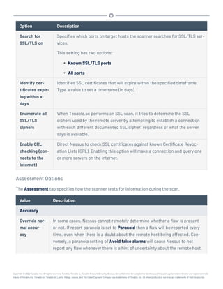 Option Description
Search for
SSL/TLS on
Specifies which ports on target hosts the scanner searches for SSL/TLS ser-
vices.
This setting has two options:
l Known SSL/TLS ports
l All ports
Identify cer-
tificates expir-
ing within x
days
Identifies SSL certificates that will expire within the specified timeframe.
Type a value to set a timeframe (in days).
Enumerate all
SSL/TLS
ciphers
When Tenable.sc performs an SSL scan, it tries to determine the SSL
ciphers used by the remote server by attempting to establish a connection
with each different documented SSL cipher, regardless of what the server
says is available.
Enable CRL
checking (con-
nects to the
Internet)
Direct Nessus to check SSL certificates against known Certificate Revoc-
ation Lists (CRL). Enabling this option will make a connection and query one
or more servers on the internet.
Assessment Options
The Assessment tab specifies how the scanner tests for information during the scan.
Value Description
Accuracy
Override nor-
mal accur-
acy
In some cases, Nessus cannot remotely determine whether a flaw is present
or not. If report paranoia is set to Paranoid then a flaw will be reported every
time, even when there is a doubt about the remote host being affected. Con-
versely, a paranoia setting of Avoid false alarms will cause Nessus to not
report any flaw whenever there is a hint of uncertainty about the remote host.
Copyright © 2022 Tenable, Inc. All rights reserved. Tenable, Tenable.io, Tenable Network Security, Nessus, SecurityCenter, SecurityCenter Continuous View and Log Correlation Engine are registered trade-
marks of Tenable,Inc. Tenable.sc, Tenable.ot, Lumin, Indegy, Assure, and The Cyber Exposure Company are trademarks of Tenable, Inc. All other products or services are trademarks of their respective
 