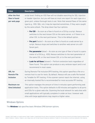 Value Description
after the first
flaw is found
per web page
script level; finding an XSS flaw will not disable searching for SQL injection
or header injection, but you will have at most one report for each type on a
given port, unless thorough tests is set. Note that several flaws of the same
type (e.g., XSS, SQLi, etc.) may be reported sometimes, if they were caught
by the same attack. The drop-down has four options:
l Per CGI — As soon as a flaw is found on a CGI by a script, Nessus
switches to the next known CGI on the same server, or if there is no
other CGI, to the next port/server. This is the default option.
l Per port (faster) — As soon as a flaw is found on a web server by a
script, Nessus stops and switches to another web server on a dif-
ferent port.
l Per parameter (slow) — As soon as one type of flaw is found in a para-
meter of a CGI (e.g., XSS), Nessus switches to the next parameter of
the same CGI, or the next known CGI, or to the next port/server.
l Look for all flaws (slower) — Perform extensive tests regardless of
flaws found. This option can produce a very verbose report and is not
recommend in most cases.
URL for
Remote File
Inclusion
During Remote File Inclusion (RFI) testing, this option specifies a file on a
remote host to use for tests. By default, Nessus will use a safe file hosted
by Tenable for RFI testing. If the scanner cannot reach the Internet, using
an internally hosted file is recommended for more accurate RFI testing.
Maximum run
time (minutes)
This option manages the amount of time in minutes spent performing web
application tests. This option defaults to 60 minutes and applies to all ports
and CGIs for a given web site. Scanning the local network for web sites with
small applications will typically complete in under an hour, however web
sites with large applications may require a higher value.
Windows Options
The Windows tab specifies basic Windows SMB domain options.
Copyright © 2022 Tenable, Inc. All rights reserved. Tenable, Tenable.io, Tenable Network Security, Nessus, SecurityCenter, SecurityCenter Continuous View and Log Correlation Engine are registered trade-
marks of Tenable,Inc. Tenable.sc, Tenable.ot, Lumin, Indegy, Assure, and The Cyber Exposure Company are trademarks of Tenable, Inc. All other products or services are trademarks of their respective
 
