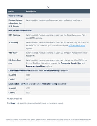 Option Description
General Settings
Request inform-
ation about the
SMB Domain
When enabled, Nessus queries domain users instead of local users.
User Enumeration Methods
SAM Registry When enabled, Nessus enumerates users via the Security Account Man-
ager (SAM) registry.
ADSI Query When enabled, Nessus enumerates users via Active Directory Service Inter-
faces (ADSI). To use ADSI, you must also configure ADSI authentication
options.
WMI Query When enabled, Nessus enumerates users via Windows Management Inter-
face (WMI).
RID Brute For-
cing
When enabled, Nessus enumerates users via relative identifier (RID) brute
forcing. Enabling this setting enables the Enumerate Domain User and
Enumerate Local User options.
Enumerate Domain Users (available when RID Brute Forcing is enabled)
Start UID 1000
End UID 1200
Enumerate Local Users (available when RID Brute Forcing is enabled)
Start UID 1000
End UID 1200
Report Options
The Report tab specifies information to include in the scan’s report.
Copyright © 2022 Tenable, Inc. All rights reserved. Tenable, Tenable.io, Tenable Network Security, Nessus, SecurityCenter, SecurityCenter Continuous View and Log Correlation Engine are registered trade-
marks of Tenable,Inc. Tenable.sc, Tenable.ot, Lumin, Indegy, Assure, and The Cyber Exposure Company are trademarks of Tenable, Inc. All other products or services are trademarks of their respective
 