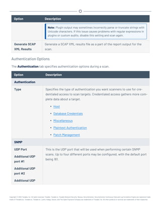 Option Description
Note: Plugin output may sometimes incorrectly parse or truncate strings with
Unicode characters. If this issue causes problems with regular expressions in
plugins or custom audits, disable this setting and scan again.
Generate SCAP
XML Results
Generate a SCAP XML results file as a part of the report output for the
scan.
Authentication Options
The Authentication tab specifies authentication options during a scan.
Option Description
Authentication
Type Specifies the type of authentication you want scanners to use for cre-
dentialed access to scan targets. Credentialed access gathers more com-
plete data about a target.
l Host
l Database Credentials
l Miscellaneous
l Plaintext Authentication
l Patch Management
SNMP
UDP Port
Additional UDP
port #1
Additional UDP
port #2
Additional UDP
This is the UDP port that will be used when performing certain SNMP
scans. Up to four different ports may be configured, with the default port
being 161.
Copyright © 2022 Tenable, Inc. All rights reserved. Tenable, Tenable.io, Tenable Network Security, Nessus, SecurityCenter, SecurityCenter Continuous View and Log Correlation Engine are registered trade-
marks of Tenable,Inc. Tenable.sc, Tenable.ot, Lumin, Indegy, Assure, and The Cyber Exposure Company are trademarks of Tenable, Inc. All other products or services are trademarks of their respective
 