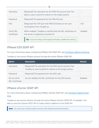 Username (Required) The username for the PAN-OS account that Ten-
able.sc uses to perform checks on the target system.
-
Password (Required) The password for the PAN-OS user. -
Port (Required) The TCP port that PAN-OS listens on for com-
munications from Tenable.sc.
443
Verify SSL
Certificate
When enabled, Tenable.sc verifies that the SSL certificate on
the server is signed by a trusted CA.
Tip: If you are using a self-signed certificate, disable this setting.
enabled
VMware ESX SOAP API
For more information about configuring VMWare ESX SOAP API, see Configure vSphere Scanning.
Tenable.sc can access VMware servers through the native VMware SOAP API.
Option Description Default
Username (Required) The username for the ESXi server account that
Tenable.sc uses to perform checks on the target system.
-
Password (Required) The password for the ESXi user. -
Do not verify
SSL Certificate
Do not validate the SSL certificate for the ESXi server. disabled
VMware vCenter SOAP API
For more information about configuring VMWare vCenter SOAP API, see Configure vSphere Scan-
ning.
Tenable.sc can access vCenter through the native VMware vCenter SOAP API. If available, Ten-
able.sc uses the vCenter REST API to collect data in addition to the SOAP API.
Note: You must use a vCenter admin account with read and write permissions.
Copyright © 2022 Tenable, Inc. All rights reserved. Tenable, Tenable.io, Tenable Network Security, Nessus, SecurityCenter, SecurityCenter Continuous View and Log Correlation Engine are registered trade-
marks of Tenable,Inc. Tenable.sc, Tenable.ot, Lumin, Indegy, Assure, and The Cyber Exposure Company are trademarks of Tenable, Inc. All other products or services are trademarks of their respective
 