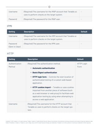 Username (Required) The username for the IMAP account that Tenable.sc
uses to perform checks on the target system.
-
Password (Required) The password for the IMAP user. -
IPMI
Setting Description Default
Username (Required) The username for the IMPI account that Tenable.sc
uses to perform checks on the target system.
-
Password
(Sent in Clear)
(Required) The password for the IPMI user. -
HTTP
Setting Description Default
Authentication
Method
(Required) The authentication method.
l Automatic authentication
l Basic/Digest authentication
l HTTP login form — Controls the start location of
authenticated testing of a custom web-based
application.
l HTTP cookies import — Tenable.sc uses cookies
imported from another piece of software (such
as a web browser or web proxy) to facilitate web
application testing by using when attempting to
access a web application.
HTTP Login
Form
Username (Required) The username for the HTTP account that
Tenable.sc uses to perform checks on the target sys-
tem.
–
Copyright © 2022 Tenable, Inc. All rights reserved. Tenable, Tenable.io, Tenable Network Security, Nessus, SecurityCenter, SecurityCenter Continuous View and Log Correlation Engine are registered trade-
marks of Tenable,Inc. Tenable.sc, Tenable.ot, Lumin, Indegy, Assure, and The Cyber Exposure Company are trademarks of Tenable, Inc. All other products or services are trademarks of their respective
 