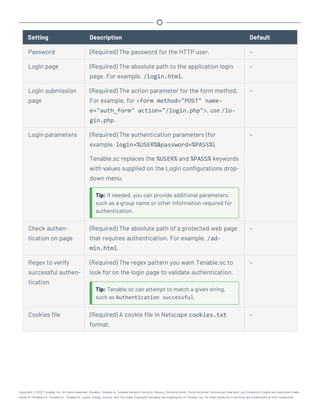 Setting Description Default
Password (Required) The password for the HTTP user. –
Login page (Required) The absolute path to the application login
page. For example, /login.html.
–
Login submission
page
(Required) The action parameter for the form method.
For example, for <form method="POST" name-
e="auth_form" action="/login.php">, use /lo-
gin.php.
–
Login parameters (Required) The authentication parameters (for
example, login=%USER%&password=%PASS%).
Tenable.sc replaces the %USER% and %PASS% keywords
with values supplied on the Login configurations drop-
down menu.
Tip: If needed, you can provide additional parameters,
such as a group name or other information required for
authentication.
–
Check authen-
tication on page
(Required) The absolute path of a protected web page
that requires authentication. For example, /ad-
min.html.
–
Regex to verify
successful authen-
tication
(Required) The regex pattern you want Tenable.sc to
look for on the login page to validate authentication.
Tip: Tenable.sc can attempt to match a given string,
such as Authentication successful.
–
Cookies file (Required) A cookie file in Netscape cookies.txt
format.
–
Copyright © 2022 Tenable, Inc. All rights reserved. Tenable, Tenable.io, Tenable Network Security, Nessus, SecurityCenter, SecurityCenter Continuous View and Log Correlation Engine are registered trade-
marks of Tenable,Inc. Tenable.sc, Tenable.ot, Lumin, Indegy, Assure, and The Cyber Exposure Company are trademarks of Tenable, Inc. All other products or services are trademarks of their respective
 