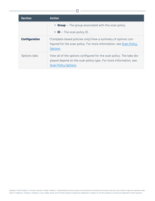 Section Action
l Group — The group associated with the scan policy.
l ID — The scan policy ID.
Configuration (Template-based policies only) View a summary of options con-
figured for the scan policy. For more information, see Scan Policy
Options.
Options tabs View all of the options configured for the scan policy. The tabs dis-
played depend on the scan policy type. For more information, see
Scan Policy Options.
Copyright © 2022 Tenable, Inc. All rights reserved. Tenable, Tenable.io, Tenable Network Security, Nessus, SecurityCenter, SecurityCenter Continuous View and Log Correlation Engine are registered trade-
marks of Tenable,Inc. Tenable.sc, Tenable.ot, Lumin, Indegy, Assure, and The Cyber Exposure Company are trademarks of Tenable, Inc. All other products or services are trademarks of their respective
 