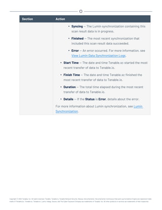 Section Action
l Syncing — The Lumin synchronization containing this
scan result data is in progress.
l Finished — The most recent synchronization that
included this scan result data succeeded.
l Error — An error occurred. For more information, see
View Lumin Data Synchronization Logs.
l Start Time — The date and time Tenable.sc started the most
recent transfer of data to Tenable.io.
l Finish Time — The date and time Tenable.sc finished the
most recent transfer of data to Tenable.io.
l Duration — The total time elapsed during the most recent
transfer of data to Tenable.io.
l Details — If the Status is Error, details about the error.
For more information about Lumin synchronization, see Lumin
Synchronization.
Copyright © 2022 Tenable, Inc. All rights reserved. Tenable, Tenable.io, Tenable Network Security, Nessus, SecurityCenter, SecurityCenter Continuous View and Log Correlation Engine are registered trade-
marks of Tenable,Inc. Tenable.sc, Tenable.ot, Lumin, Indegy, Assure, and The Cyber Exposure Company are trademarks of Tenable, Inc. All other products or services are trademarks of their respective
 
