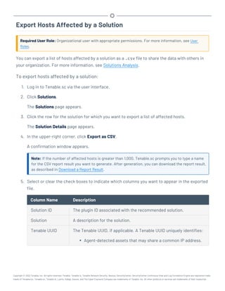 Export Hosts Affected by a Solution
Required User Role: Organizational user with appropriate permissions. For more information, see User
Roles.
You can export a list of hosts affected by a solution as a .csv file to share the data with others in
your organization. For more information, see Solutions Analysis.
To export hosts affected by a solution:
1. Log in to Tenable.sc via the user interface.
2. Click Solutions.
The Solutions page appears.
3. Click the row for the solution for which you want to export a list of affected hosts.
The Solution Details page appears.
4. In the upper-right corner, click Export as CSV.
A confirmation window appears.
Note: If the number of affected hosts is greater than 1,000, Tenable.sc prompts you to type a name
for the CSV report result you want to generate. After generation, you can download the report result,
as described in Download a Report Result.
5. Select or clear the check boxes to indicate which columns you want to appear in the exported
file.
Column Name Description
Solution ID The plugin ID associated with the recommended solution.
Solution A description for the solution.
Tenable UUID The Tenable UUID, if applicable. A Tenable UUID uniquely identifies:
l Agent-detected assets that may share a common IP address.
Copyright © 2022 Tenable, Inc. All rights reserved. Tenable, Tenable.io, Tenable Network Security, Nessus, SecurityCenter, SecurityCenter Continuous View and Log Correlation Engine are registered trade-
marks of Tenable,Inc. Tenable.sc, Tenable.ot, Lumin, Indegy, Assure, and The Cyber Exposure Company are trademarks of Tenable, Inc. All other products or services are trademarks of their respective
 