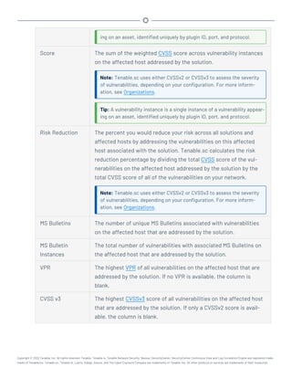 ing on an asset, identified uniquely by plugin ID, port, and protocol.
Score The sum of the weighted CVSS score across vulnerability instances
on the affected host addressed by the solution.
Note: Tenable.sc uses either CVSSv2 or CVSSv3 to assess the severity
of vulnerabilities, depending on your configuration. For more inform-
ation, see Organizations.
Tip: A vulnerability instance is a single instance of a vulnerability appear-
ing on an asset, identified uniquely by plugin ID, port, and protocol.
Risk Reduction The percent you would reduce your risk across all solutions and
affected hosts by addressing the vulnerabilities on this affected
host associated with the solution. Tenable.sc calculates the risk
reduction percentage by dividing the total CVSS score of the vul-
nerabilities on the affected host addressed by the solution by the
total CVSS score of all of the vulnerabilities on your network.
Note: Tenable.sc uses either CVSSv2 or CVSSv3 to assess the severity
of vulnerabilities, depending on your configuration. For more inform-
ation, see Organizations.
MS Bulletins The number of unique MS Bulletins associated with vulnerabilities
on the affected host that are addressed by the solution.
MS Bulletin
Instances
The total number of vulnerabilities with associated MS Bulletins on
the affected host that are addressed by the solution.
VPR The highest VPR of all vulnerabilities on the affected host that are
addressed by the solution. If no VPR is available, the column is
blank.
CVSS v3 The highest CVSSv3 score of all vulnerabilities on the affected host
that are addressed by the solution. If only a CVSSv2 score is avail-
able, the column is blank.
Copyright © 2022 Tenable, Inc. All rights reserved. Tenable, Tenable.io, Tenable Network Security, Nessus, SecurityCenter, SecurityCenter Continuous View and Log Correlation Engine are registered trade-
marks of Tenable,Inc. Tenable.sc, Tenable.ot, Lumin, Indegy, Assure, and The Cyber Exposure Company are trademarks of Tenable, Inc. All other products or services are trademarks of their respective
 