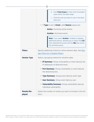 b. Click Fetch Scans to view a list of possible
scans within the date range.
c. Click the scan you want to use in the drop-
down box.
l If Type is set to Event, valid Source values are:
o Active—Currently active events
o Archive—Archived events
Note: If you select Archive, Tenable.sc displays
additional options, allowing you to select the LCE
that collected the events and the Silo that stores
the archived events.
Filters Specify additional criteria to refine element data. See Man-
age Filters for a Chapter Report
Iterator Type Select a grouping method for iteration data:
l IP Summary—Group vulnerability or event data by the
IP addresses of detected hosts.
l Port Summary—Group vulnerability or event data by
the detected ports.
l Type Summary—Group event data by event type.
l User Summary—Group event data by user.
l Vulnerability Summary—Group vulnerability data by
individual vulnerability.
Results Dis-
played
Select the number of results you want to include in the iter-
ation.
Copyright © 2022 Tenable, Inc. All rights reserved. Tenable, Tenable.io, Tenable Network Security, Nessus, SecurityCenter, SecurityCenter Continuous View and Log Correlation Engine are registered trade-
marks of Tenable,Inc. Tenable.sc, Tenable.ot, Lumin, Indegy, Assure, and The Cyber Exposure Company are trademarks of Tenable, Inc. All other products or services are trademarks of their respective
 