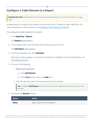 Configure a Table Element in a Report
Required User Role: Organizational user with appropriate permissions. For more information, see User
Roles.
A table element is a type of text element you can insert into a Tenable.sc report definition. For
more information on text elements, see Configure a Text Element in a Report.
To configure a table element in a report:
1. Click Reporting > Reports.
The Reports page appears.
2. In the reports table, click the name of the report you want to edit.
The Edit Report page appears.
3. In the left navigation bar, click Definition.
The report outline appears. This outline is, by default, expanded. For more information, see
Edit a Report Outline.
4. Do one of the following:
l
Add a new element.
a. Click Add Element.
b. In the Text section, click the Table icon.
l Click the edit icon next to the element you want to change.
Tip: To display Add Element and the edit icon next to an element, hover the cursor over the
element.
5. Configure the General options:
Option Action
Name Type a name for the element.
Copyright © 2022 Tenable, Inc. All rights reserved. Tenable, Tenable.io, Tenable Network Security, Nessus, SecurityCenter, SecurityCenter Continuous View and Log Correlation Engine are registered trade-
marks of Tenable,Inc. Tenable.sc, Tenable.ot, Lumin, Indegy, Assure, and The Cyber Exposure Company are trademarks of Tenable, Inc. All other products or services are trademarks of their respective
 